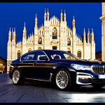 **

A sleek, modern BMW Serie 7, showcasing its bold front design with the illuminated double kidney grille and split headlights, parked in front of the Duomo di Milano at dusk. Focus on the car's regal presence and the contrast between the modern design and the classic Italian architecture. Capture the reflections of the city lights on the car's chrome finish.

**