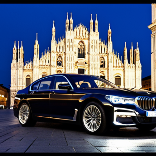 Home 11 **
A sleek, modern BMW Serie 7, showcasing its bold front design with the illuminated double kidney grille and split headlights, parked in front of the Duomo di Milano at dusk. Focus on the car's regal presence and the contrast between the modern design and the classic Italian architecture. Capture the reflections of the city lights on the car's chrome finish.
**