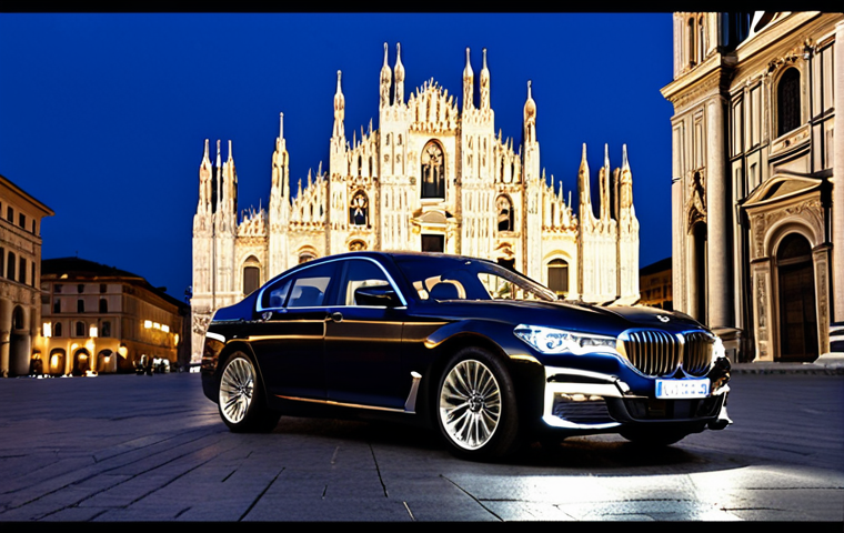 **
A sleek, modern BMW Serie 7, showcasing its bold front design with the illuminated double kidney grille and split headlights, parked in front of the Duomo di Milano at dusk. Focus on the car's regal presence and the contrast between the modern design and the classic Italian architecture. Capture the reflections of the city lights on the car's chrome finish.
**