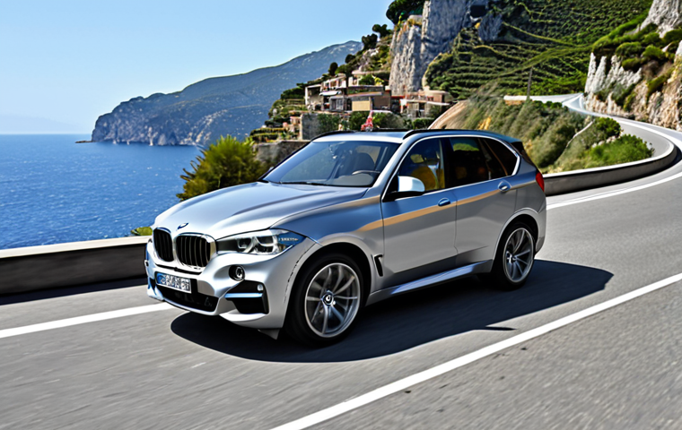 **

Prompt: A sleek, silver BMW X5 driving along a winding coastal road in Italy on a sunny day. The focus is on the car's sporty design and the beautiful Italian scenery. Emphasize the elegance and dynamism of the vehicle.

**