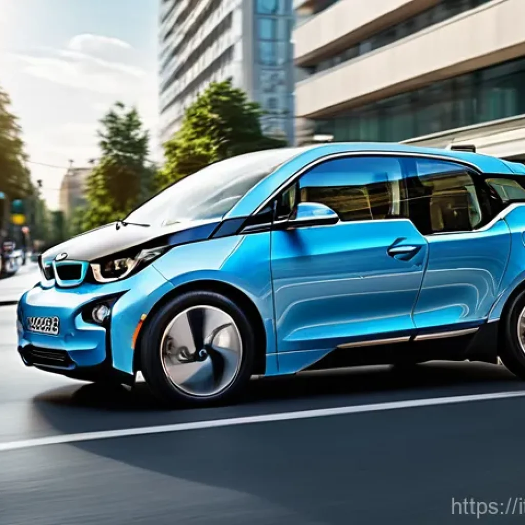 BMW i3의 중고차 가치 평가 - **Prompt:** A BMW i3 driving through a sunlit, futuristic European city street. The car, viewed from...