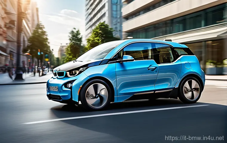 BMW i3의 중고차 가치 평가 - **Prompt:** A BMW i3 driving through a sunlit, futuristic European city street. The car, viewed from...