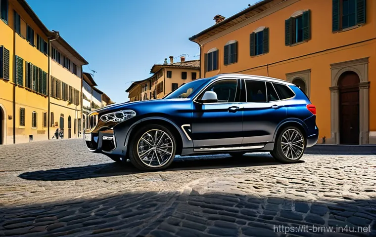 BMW X3 하이브리드 모델 출시 소식 - A sleek, modern BMW X3 (G45 model) in a sophisticated metallic grey or deep blue, parked elegantly o...