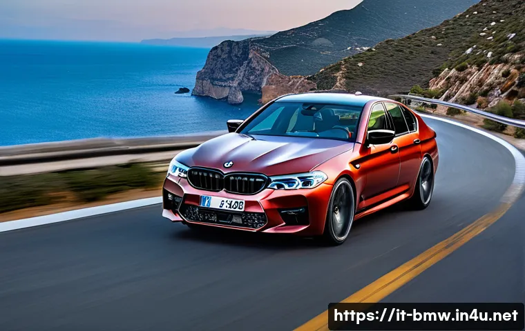 BMW M5의 최신 트렌드 리뷰 - **A dynamic, low-angle shot of the new 7th generation BMW M5 sedan (G90) driving powerfully along a ...