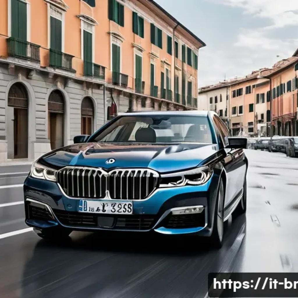 BMW 7시리즈의 최신 안전 기술 - A sleek BMW Serie 7 luxury sedan driving on a modern urban street in Italy during daytime, showcasin...