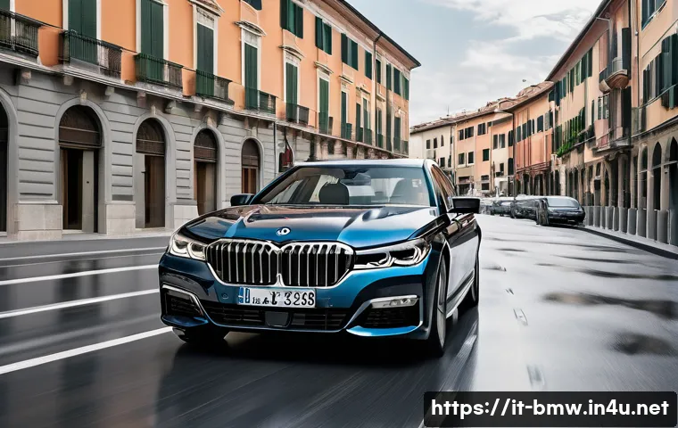 BMW 7시리즈의 최신 안전 기술 - A sleek BMW Serie 7 luxury sedan driving on a modern urban street in Italy during daytime, showcasin...