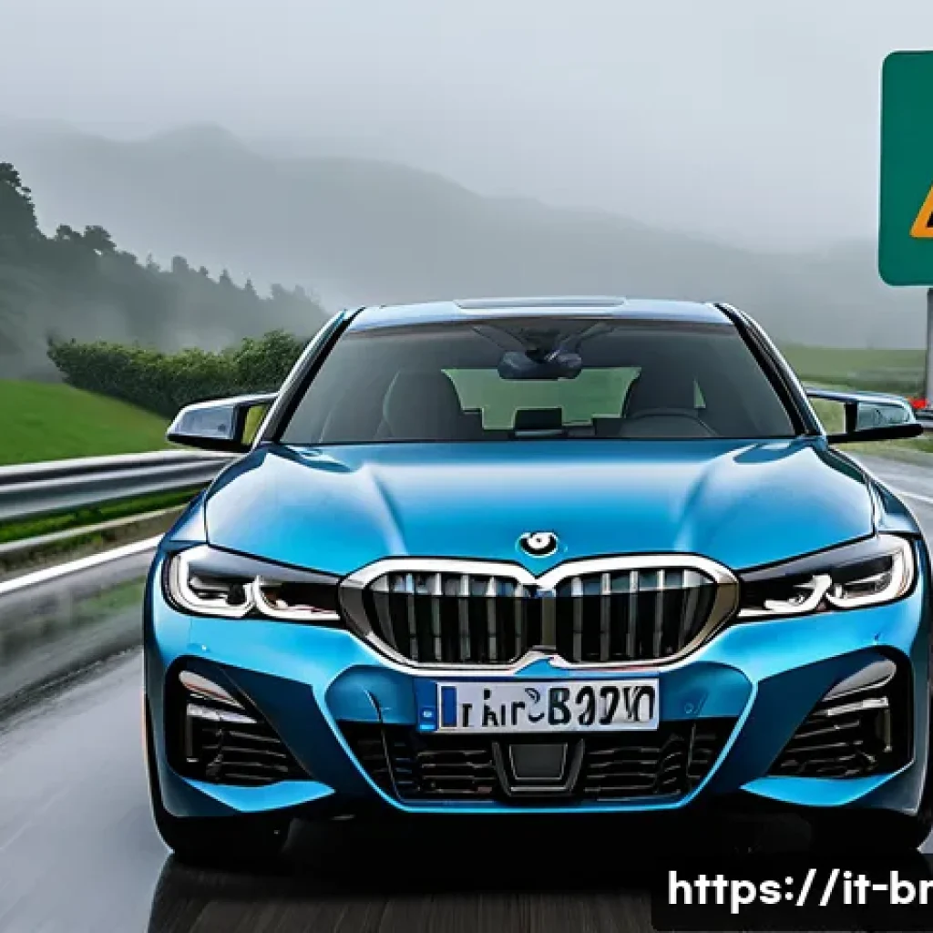 BMW 3시리즈의 최신 안전 기능 - A futuristic BMW 3 Series driving on an Italian autostrada during a rainy day, showcasing advanced p...