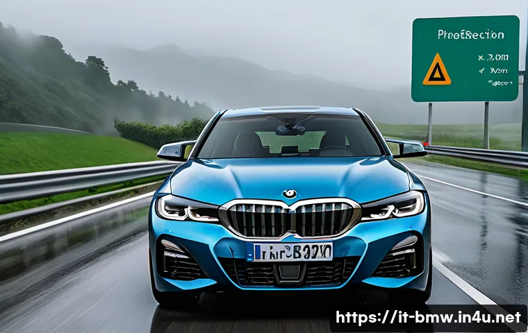 BMW 3시리즈의 최신 안전 기능 - A futuristic BMW 3 Series driving on an Italian autostrada during a rainy day, showcasing advanced p...