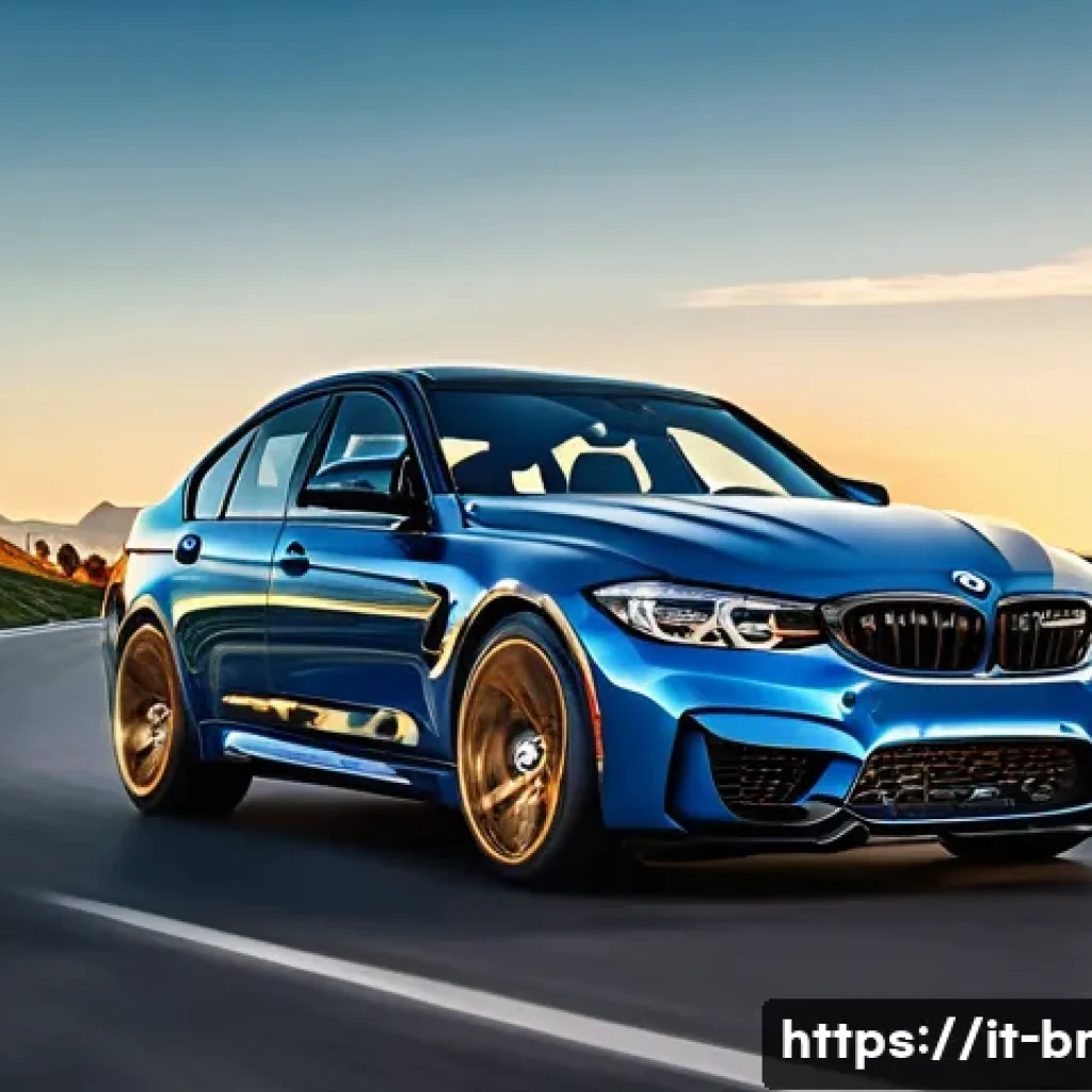 BMW M3 고성능 세단 주행 테스트 - A sleek BMW M3 sports sedan parked on a winding mountain road at sunset, showcasing its aggressive f...