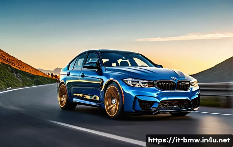 BMW M3 고성능 세단 주행 테스트 - A sleek BMW M3 sports sedan parked on a winding mountain road at sunset, showcasing its aggressive f...