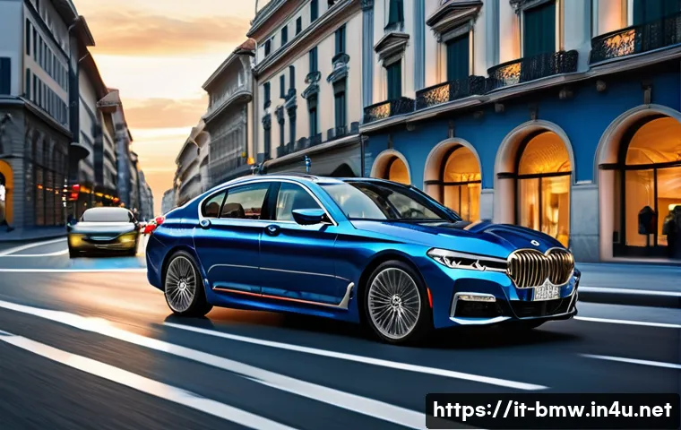BMW 7시리즈와 캐딜락 CT6 비교 - A dynamic street scene featuring a sleek BMW Serie 7 in a glossy metallic blue finish, showcasing it...
