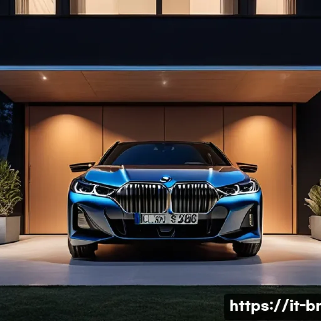 BMW i4의 배터리 충전 시간 - A modern Italian home garage at night featuring a BMW i4 plugged into a sleek 11 kW wallbox charger....