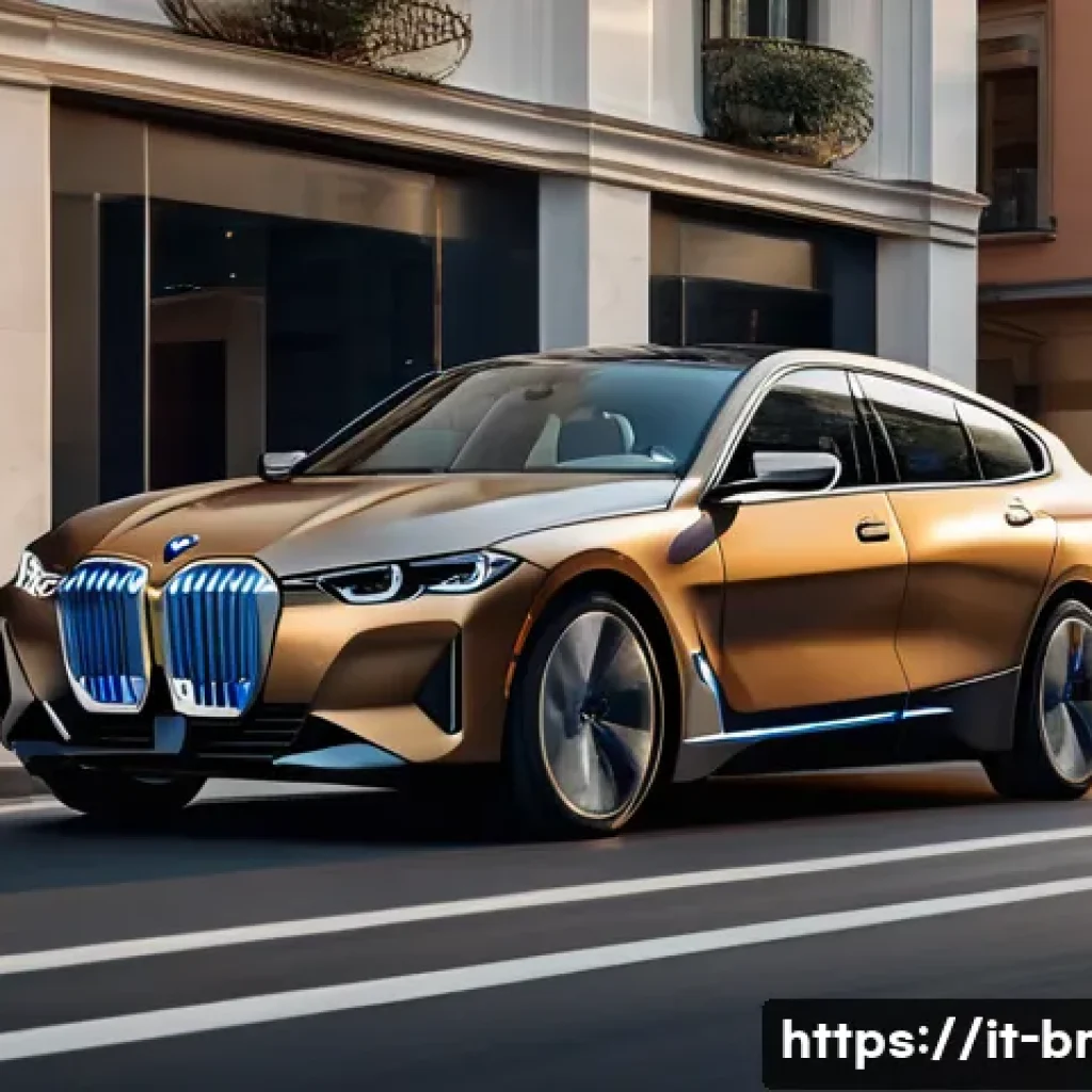 BMW i4 전기차와 아이오닉 6 비교 - A sleek BMW i4 parked on a modern European city street during golden hour, showcasing its elegant Ge...