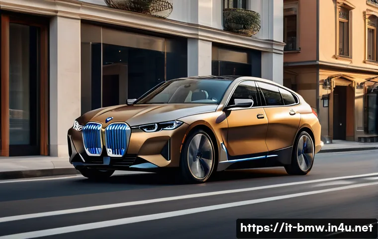 BMW i4 전기차와 아이오닉 6 비교 - A sleek BMW i4 parked on a modern European city street during golden hour, showcasing its elegant Ge...