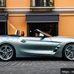 BMW Z4와 메르세데스 SL 비교 - A dynamic urban scene featuring a sleek BMW Z4 roadster with its soft electric top partially open, s...