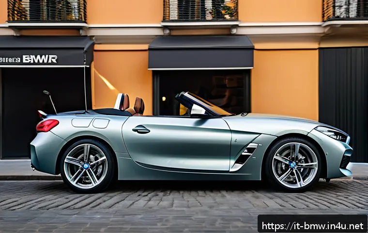 BMW Z4와 메르세데스 SL 비교 - A dynamic urban scene featuring a sleek BMW Z4 roadster with its soft electric top partially open, s...
