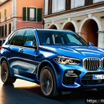 BMW X5와 X7의 패밀리카 비교 - A sleek BMW X5 SUV parked on a bustling Italian city street at sunset, showcasing its sporty and com...