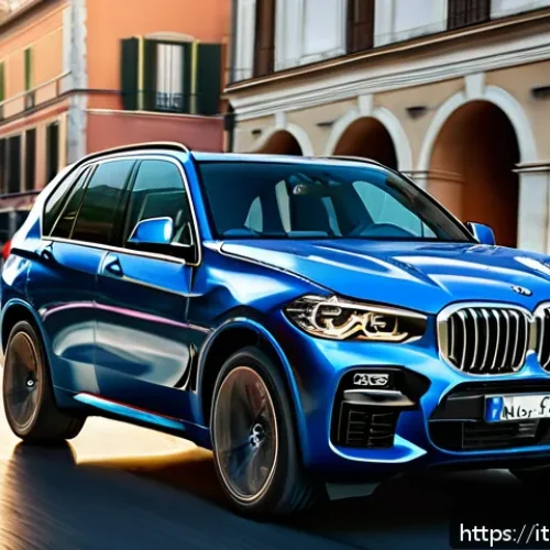 BMW X5와 X7의 패밀리카 비교 - A sleek BMW X5 SUV parked on a bustling Italian city street at sunset, showcasing its sporty and com...
