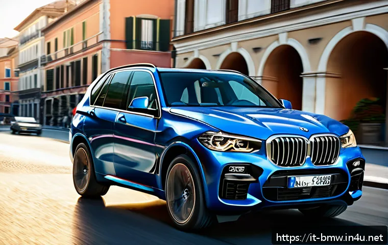 BMW X5와 X7의 패밀리카 비교 - A sleek BMW X5 SUV parked on a bustling Italian city street at sunset, showcasing its sporty and com...