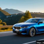 BMW i4 M50 고성능 모델 리뷰 - A sleek BMW i4 M50 electric sports sedan parked on a scenic Italian mountain road during golden hour...
