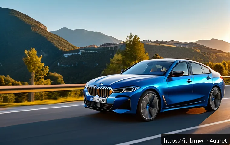 BMW i4 M50 고성능 모델 리뷰 - A sleek BMW i4 M50 electric sports sedan parked on a scenic Italian mountain road during golden hour...