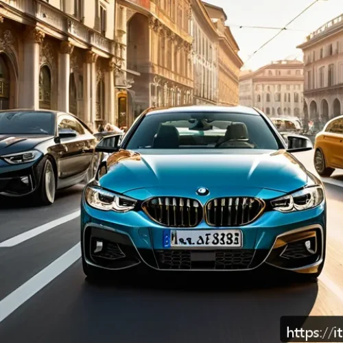 BMW 4시리즈와 렉서스 RC 비교 - A sleek, modern BMW Serie 4 coupe parked on a vibrant Milan city street during golden hour, showcasi...