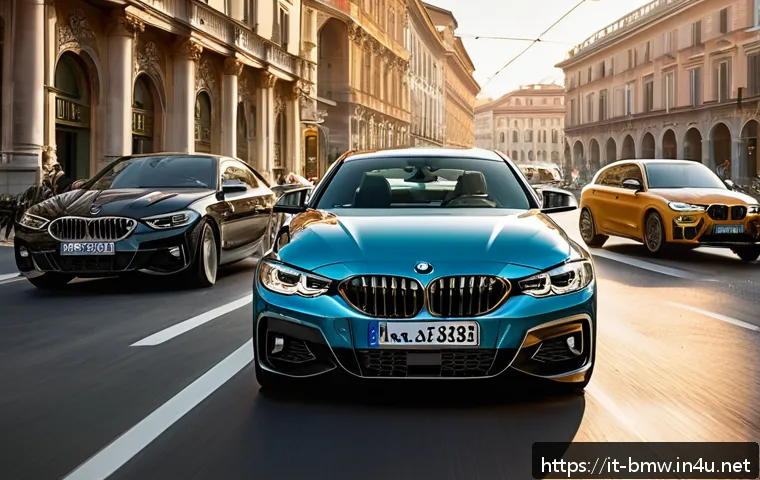 BMW 4시리즈와 렉서스 RC 비교 - A sleek, modern BMW Serie 4 coupe parked on a vibrant Milan city street during golden hour, showcasi...