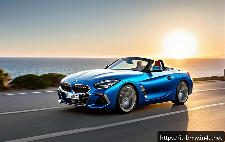 BMW Z4 로드스터의 스포츠 퍼포먼스 - A sleek BMW Z4 Roadster parked on a scenic Italian coastal road during golden hour, showcasing its l...