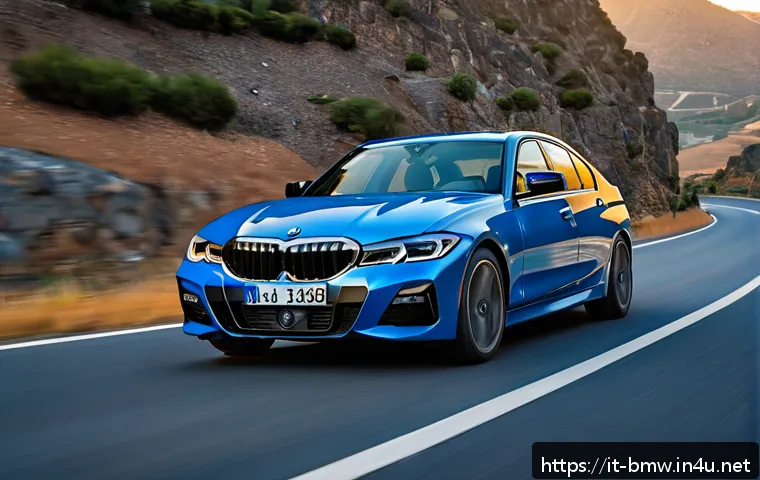 BMW 3시리즈와 5시리즈 비교 - A sleek BMW Series 3 sedan showcased on a winding mountain road during golden hour, highlighting its...