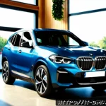 BMW iX3의 친환경 인증 - Photorealistic premium electric BMW iX3 SUV in a sunlit Milan sustainable mobility showroom, three-q...