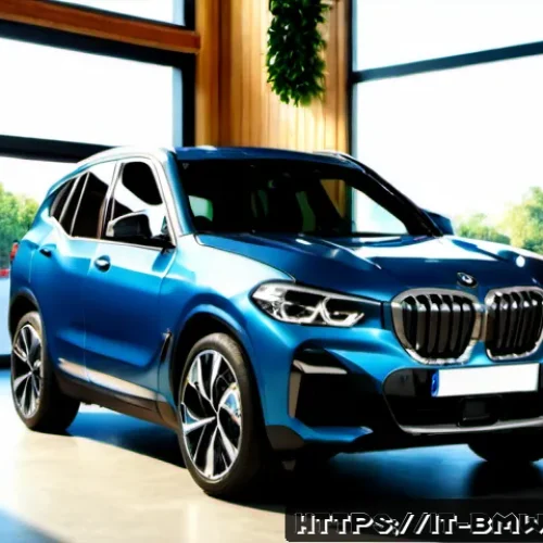 BMW iX3의 친환경 인증 - Photorealistic premium electric BMW iX3 SUV in a sunlit Milan sustainable mobility showroom, three-q...