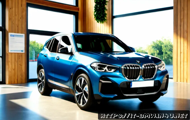 BMW iX3의 친환경 인증 - Photorealistic premium electric BMW iX3 SUV in a sunlit Milan sustainable mobility showroom, three-q...