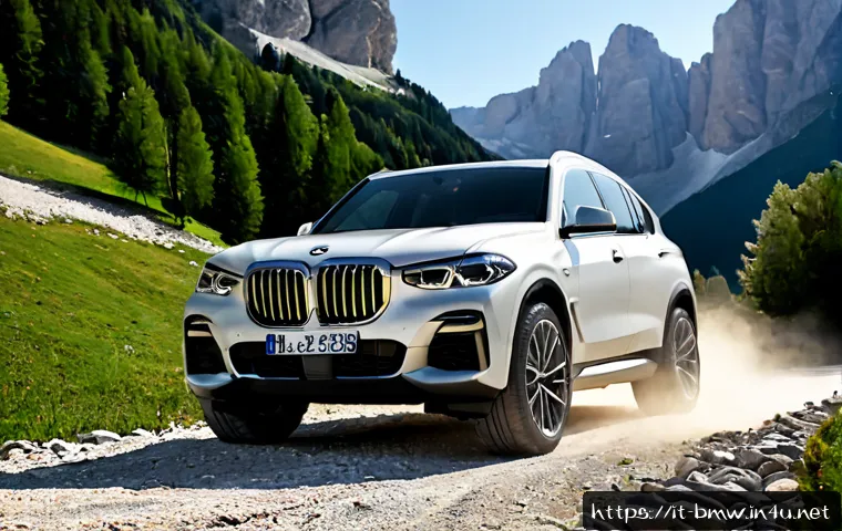 Home 17 BMW X5의 오프로드 주행 리뷰 - Photorealistic luxury midsize SUV inspired by a BMW X5, no visible badges or logos, tackling a rocky...